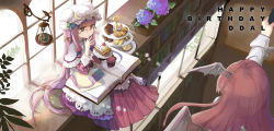 Rule 34 | 2girls, adapted costume, anmi, bat wings, book, cake, cherry, cookie, embodiment of scarlet devil, english text, female focus, flower, flower pot, food, from above, fruit, glasses, hat, head wings, hydrangea, indoors, koakuma, long hair, mob cap, multiple girls, patchouli knowledge, plate, purple hair, red hair, sitting, tiered tray, touhou, very long hair, wings