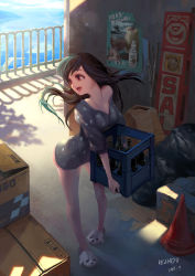 Rule 34 | 1girl, ahoge, artist name, ass, black hair, bottle, box, breasts, character request, cleavage, copyright request, dated, day, full body, highres, holding, holding box, kezhou, legs apart, long hair, looking to the side, medium breasts, medium sleeves, open mouth, poster (object), sheep, shirt, signature, slippers, smile, solo, standing, tagme, traffic cone, water