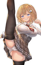 Rule 34 | 1girl, ass, black thighhighs, blonde hair, blue eyes, blush, bob cut, breasts, cameltoe, collared shirt, hair ornament, high-waist skirt, highres, hololive, hololive english, honkivampy, large breasts, leg up, long sleeves, looking at viewer, necktie, panties, plaid, plaid skirt, pleated skirt, shirt, short hair, skirt, smile, solo, split, standing, standing on one leg, standing split, thighhighs, underwear, virtual youtuber, watson amelia, white background, white panties, white shirt