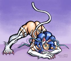 Rule 34 | absurdres, animal ears, ass, blue hair, capcom, cat ears, cat girl, cat tail, claws, fangs, felicia (vampire), furry, green eyes, highres, jack-o&#039; challenge, muscular, muscular female, muscular legs, nsfwulf, patreon, purple background, tail, thick outlines, top-down bottom-up, vampire (game), watermark
