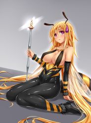 Rule 34 | 1girl, antennae, arthropod girl, bare shoulders, bee girl, black bodysuit, black thighhighs, blonde hair, blush, bodysuit, breasts, collarbone, covered navel, detached sleeves, full body, fur trim, grey background, high heels, highres, insect girl, insect wings, jewelry, light smile, long hair, looking at viewer, medium breasts, midnight (banyex), monster girl, original, pink eyes, revealing clothes, scepter, simple background, sitting, skin tight, solo, thighhighs, very long hair, wariza, wings