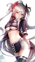 Rule 34 | 1girl, antenna hair, azur lane, bad id, bad twitter id, black jacket, black shirt, black thighhighs, breasts, brown eyes, closed mouth, clothing cutout, collared shirt, cowboy shot, crop top, cropped jacket, hair ornament, highleg, highres, jacket, large breasts, long hair, looking at viewer, midriff, miniskirt, multicolored hair, navel, official alternate costume, open clothes, open jacket, prinz eugen (azur lane), prinz eugen (final lap) (azur lane), race queen, revealing clothes, shirt, skirt, sleeveless, sleeveless shirt, solo, stomach, streaked hair, taut clothes, taut shirt, thighhighs, two side up, underboob, underboob cutout, very long hair, white hair, yk (pixiv43531291), zettai ryouiki