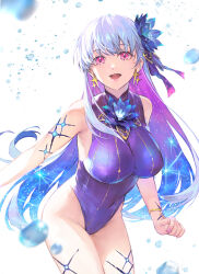 Rule 34 | 1girl, blue flower, blue hair, body markings, bracelet, breasts, earrings, embroidery, fate/grand order, fate (series), flower, gold, hair between eyes, hair flower, hair ornament, hair ribbon, harupy, highres, jewelry, kama (fate), kama (swimsuit avenger) (fate), large breasts, long hair, looking at viewer, multicolored hair, nail polish, one-piece swimsuit, open mouth, pink eyes, pink lips, pink nails, purple hair, purple one-piece swimsuit, purple ribbon, ribbon, sky, solo, star (sky), starry sky, swimsuit, thighs, water drop, white background, white hair