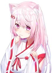 Rule 34 | 1girl, animal ear fluff, animal ears, cat ears, commentary request, hair between eyes, hands up, highres, japanese clothes, kimono, long hair, long sleeves, nijisanji, omelet tomato, pink hair, purple eyes, ribbon-trimmed sleeves, ribbon trim, shiina yuika, shiina yuika (3rd costume), simple background, sleeves past wrists, solo, upper body, very long hair, virtual youtuber, white background, white kimono, wide sleeves