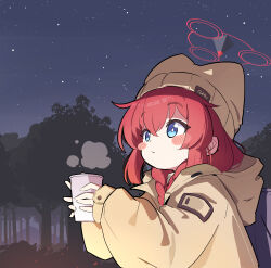 Rule 34 | 1girl, absurdres, blue archive, blue eyes, closed mouth, cup, domado, hair between eyes, halo, hat, highres, holding, holding cup, hood, hood down, hooded jacket, jacket, long sleeves, looking at viewer, maki (blue archive), maki (camp) (blue archive), night, official alternate costume, official alternate hairstyle, outdoors, puffy long sleeves, puffy sleeves, red hair, red halo, solo, yellow hat, yellow jacket