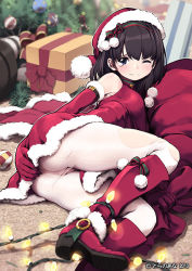 Rule 34 | 10s, 1girl, 2013, ass, bare shoulders, black hair, blue eyes, blush, boots, box, character request, christmas lights, christmas ornaments, christmas tree, elbow gloves, gift, gift box, gloves, hat, len (a-7), lying, on side, one eye closed, pantyhose, pom pom (clothes), red gloves, sack, santa costume, santa hat, short hair, solo, tears, toranoana, torn clothes, torn pantyhose, wavy mouth, white pantyhose, wince