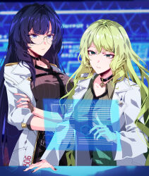 Rule 34 | 2girls, aer007580, blue eyes, blue hair, breasts, brown eyes, choker, crossed arms, fingerless gloves, glasses, gloves, green hair, grey shirt, highres, holographic interface, holographic touchscreen, honkai (series), honkai impact 3rd, indoors, lab coat, large breasts, long hair, long sleeves, mei (honkai impact), mobius (honkai impact), multiple girls, nail polish, necktie, parted lips, round eyewear, shirt, striped clothes, striped shirt, wavy hair