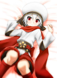 Rule 34 | 10s, 1boy, beret, blush, boots, chaos dragon, emblem, frown, gradient background, hat, highres, ibuki (chaos dragon), ibuki (red dragon), knee boots, knees, long sleeves, looking at viewer, lying, male focus, on back, red dragon, red eyes, sash, scarf, short hair, shorts, silver hair, solo, watarui, white hat