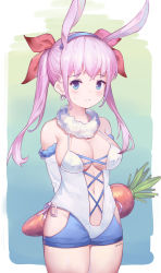 Rule 34 | 1girl, animal ears, arms behind back, bare shoulders, blue eyes, blue shorts, blush, breasts, rabbit ears, carrot, cleavage, detached sleeves, extra ears, fur collar, hairband, highres, large breasts, leilin, leotard, light purple hair, long hair, looking at viewer, medium breasts, navel, original, oversized object, ribbon, short shorts, shorts, solo, standing, twintails, white leotard, white sleeves