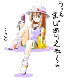 Rule 34 | 00s, 1girl, arm support, brown hair, cameo, cellphone, confused, creatures (company), game freak, gen 1 pokemon, green (pokemon), grin, hat, holding, long hair, nintendo, phone, pikachu, pokemon, pokemon (creature), pokemon adventures, pokemon frlg, porkpie hat, rascal (feuille), simple background, sitting, smile, socks, solo, translation request, white background