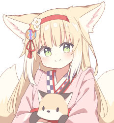 Rule 34 | 1girl, animal, animal ears, arknights, blonde hair, blush, closed mouth, dot nose, flower, fox, fox ears, fox girl, fox tail, green eyes, hair flower, hair ornament, hairband, highres, holding, holding animal, japanese clothes, kimono, kitsune, kyuubi, long hair, long sleeves, looking at viewer, multicolored hair, multiple tails, official alternate costume, pink kimono, red hairband, ryoku sui, simple background, smile, solo, split mouth, suzuran (arknights), suzuran (yukibare) (arknights), tail, two-tone hair, upper body, white background, white hair