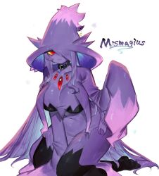 Rule 34 | 1girl, black skin, blue hair, breasts, chest jewel, collar, colored sclera, colored skin, creatures (company), dress, game freak, gen 4 pokemon, hat, highres, large breasts, looking at viewer, mismagius, multicolored hair, nintendo, one eye covered, pokemon, pokemon (creature), purple dress, purple hair, red eyes, thick thighs, thighs, togetoge, underboob, very long sleeves, wide hips, witch, witch hat, yellow sclera