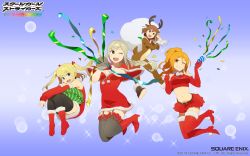 Rule 34 | 4girls, :d, ;), ;d, animal costume, antlers, bag, bare shoulders, belt, black legwear, blonde hair, blue background, blue eyes, blush, boots, braid, breasts, brown eyes, brown hair, capelet, christmas, company name, confetti, copyright name, crop top, cross-laced footwear, dated, detached sleeves, dress, elbow gloves, fake antlers, fake tail, fishnet legwear, fishnets, floating hair, frills, fur-trimmed boots, fur boots, fur trim, garter belt, garter straps, gloves, gradient background, grin, hair between eyes, hair ribbon, halterneck, happy, head tilt, high heel boots, high heels, high ponytail, highres, hinomiya niho, holding, horns, hugging object, jumping, kobayashi gen, lace, lace-trimmed legwear, lace trim, leaning forward, lens flare, logo, long hair, looking at viewer, looking to the side, midriff, miniskirt, multiple girls, navel, official art, official wallpaper, one eye closed, open mouth, orange eyes, orange hair, origami hina, outstretched arms, over shoulder, pantyhose, parted bangs, party popper, pillow, pillow hug, pleated skirt, pom pom (clothes), ponytail, red dress, red footwear, red gloves, red legwear, reindeer antlers, reindeer costume, ribbon, sack, sajima yumi, santa boots, santa costume, school girl strikers, short dress, short hair, sidelocks, silhouette, silver hair, single braid, sitting, skirt, sleeves past wrists, smile, sparkle, standing, streamers, swept bangs, tail, thigh boots, thighhighs, turtleneck, twintails, two side up, wallpaper, wink, yaginuma io, yellow eyes, zettai ryouiki