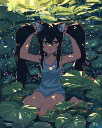 Rule 34 | 1girl, :o, absurdres, animal ear fluff, animal ears, arms up, bare arms, bare legs, black hair, blue tank top, blush, cat ears, cat girl, collarbone, dappled sunlight, day, flat chest, green eyes, hair between eyes, highres, holding, holding own hair, kgt (pixiv12957613), leaf, lily pad, long hair, looking at viewer, nature, open mouth, original, outdoors, plant, sidelocks, signature, sitting, solo, sunlight, tank top, twintails, wariza, water, water drop