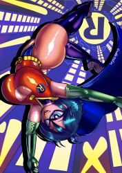 Rule 34 | 1girl, acrobatics, boots, breasts, cape, cleavage, dc comics, endlessfin, genderswap, genderswap (mtf), gloves, highres, large breasts, leotard, mask, open mouth, robin (dc), smile, superhero costume, teen titans, thick thighs, thigh boots, thighs, tight clothes, wide hips