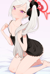 Rule 34 | 1girl, alternate costume, babydoll, barefoot, bed sheet, beijuu, black babydoll, blue archive, blush, commentary, flat chest, grey hair, hair ornament, halo, kneeling, long hair, looking at viewer, mutsuki (blue archive), ponytail, purple eyes, side ponytail, simple background, smile, solo, symbol-only commentary, twitter username, very long hair