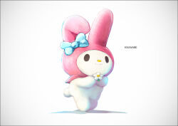 Rule 34 | artist name, black eyes, bow, closed mouth, ear bow, flower, grey background, holding, holding flower, k-suwabe, my melody, no humans, onegai my melody, rabbit, sanrio, simple background, smile, solo, standing, white flower