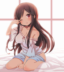 Rule 34 | 1girl, :o, a channel, baakurou, bed, black hair, blush, breasts, cleavage, female focus, large breasts, long hair, looking at viewer, nishi yuuko, off shoulder, one eye closed, red eyes, ribbon-trimmed clothes, ribbon trim, rubbing eyes, sitting, sleepy, solo, tears, waking up, wariza