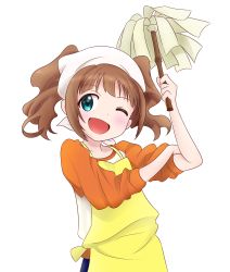 Rule 34 | 1girl, absurdres, apron, aqua eyes, artist request, blue eyes, blush, brown hair, dot nose, duster, green eyes, happy, head scarf, highres, idolmaster, idolmaster (classic), looking at viewer, one eye closed, open mouth, orange shirt, raglan sleeves, shirt, short hair, sidelocks, simple background, smile, takatsuki yayoi, twintails, upper body, white background, wink, yellow apron