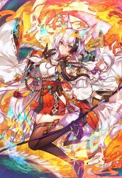 Rule 34 | 1girl, age of ishtaria, animal ear fluff, animal ears, arrow (projectile), bare shoulders, beads, black gloves, black hair, black thighhighs, blue fire, bow (weapon), breasts, detached sleeves, dragon, fire, fox, fox ears, fox mask, fox tail, full body, gloves, grey hair, hakama, hakama skirt, highres, holding, holding bow (weapon), holding weapon, japanese clothes, kimono, long hair, looking at viewer, mask, miko, multicolored hair, munlu (wolupus), prayer beads, purple eyes, red hakama, sandals, seimei (age of ishtaria), skirt, solo, tail, thighhighs, two-tone hair, weapon, white kimono, wide sleeves, zouri