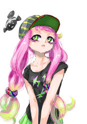 Rule 34 | 1girl, baseball cap, black shirt, breasts, clownfish, collarbone, colored eyelashes, drooling, fish, gradient hair, green eyes, green hair, green skirt, harmony&#039;s clownfish (splatoon), harmony (splatoon), hat, highres, humanization, koharu2.5, long hair, miniskirt, multicolored hair, nintendo, parted lips, pink hair, pink lips, pleated skirt, shirt, short bangs, short sleeves, simple background, skirt, small breasts, solo, splatoon (series), striped clothes, striped headwear, t-shirt, two-tone hair, v arms, very long hair, white background