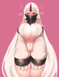 Rule 34 | 1girl, abyssal ship, bare shoulders, bikini, bikini top only, blush, breast press, breasts, claws, commentary, covered mouth, covering privates, covering crotch, curvy, detached sleeves, dress, english commentary, flying sweatdrops, highres, horns, huge breasts, kantai collection, long hair, looking at viewer, looking away, micro bikini, navel, pink background, pink eyes, red eyes, seaport princess, single horn, sleeves past wrists, solo, sweatdrop, swimsuit, thighs, uni (oni unicorn), very long hair, white hair, wide hips