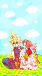Rule 34 | 1boy, 1girl, 39cva, aerith gainsborough, aqua eyes, armor, asymmetrical hair, belt, blonde hair, blue pants, blue shirt, blush, boots, bracelet, braid, braided ponytail, brown hair, cloud, cloud strife, cloudy sky, couple, cropped jacket, dress, closed eyes, field, final fantasy, final fantasy vii, final fantasy vii remake, flower, flower basket, flower field, hair ribbon, hand on another&#039;s chin, hand on own chin, highres, jacket, jewelry, long dress, multiple belts, on ground, open mouth, pants, pink dress, red jacket, ribbon, shirt, shoulder armor, sitting, sky, sleeveless, sleeveless turtleneck, spiked hair, suspenders, turtleneck, yellow flower