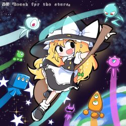 Rule 34 | 1girl, apron, black dress, black eyes, black footwear, black headwear, blonde hair, blush, bow, broom, crossover, dress, earth (planet), english text, hat, hat bow, highres, kirisame marisa, layered dress, long hair, one-eyed, open mouth, planet, sega, shoes, short sleeves, smile, sneakers, sonic (series), sonic colors, space, sparkle, star (sky), star (symbol), third eye, touhou, whisket, white sleeves, wisp, wisp (sonic), witch, witch hat