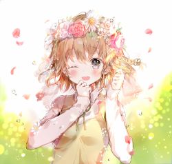 Rule 34 | 1girl, :d, b rock, bad id, bad pixiv id, blush, braid, brown hair, collared shirt, commentary, flower, green ribbon, grey eyes, hair between eyes, hair flower, hair ornament, hand on own face, hand up, head wreath, long sleeves, looking at viewer, one eye closed, open mouth, original, petals, ribbon, rose, shirt, smile, solo, vest, white shirt, yellow vest