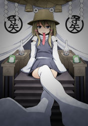 Rule 34 | 1girl, :p, bad id, bad pixiv id, blonde hair, blue eyes, bottle, crossed legs, feet, female focus, foot focus, foreshortening, frog, hair ornament, hair ribbon, hat, long hair, long tongue, moriya suwako, open mouth, perspective, ribbon, rope, shide, shimenawa, sitting, sleeves past wrists, smile, solo, thighhighs, tongue, tongue out, touhou, white thighhighs, yatsune rika