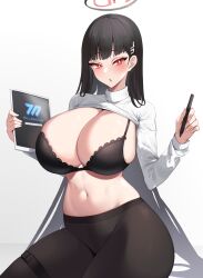 Rule 34 | 1girl, black bra, black hair, blue archive, bra, breasts, clothes lift, commentary request, gradient background, grey background, hair ornament, hairclip, halo, hands up, highres, holding, holding tablet pc, huge breasts, kuavera, long hair, long sleeves, navel, pantyhose, parted lips, red eyes, ribbed sweater, rio (blue archive), skindentation, solo, stylus, sweater, sweater lift, tablet pc, thigh strap, turtleneck, turtleneck sweater, underwear, very long hair, white background, white sweater