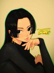 Rule 34 | 1girl, absurdres, black eyes, black hair, black sweater, boa hancock, chromatic aberration, earrings, english text, female focus, fingernails, from side, green outline, head tilt, highres, jewelry, lips, long hair, long sleeves, looking at viewer, matching hair/eyes, mature female, nose, one piece, outline, parted bangs, portrait, ring, simple background, snake earrings, solo, source request, sweater, tsurime, yellow background
