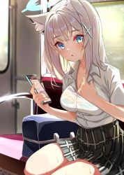 Rule 34 | 1girl, animal ears, backlighting, bag, bench, blue archive, blue eyes, blurry, breasts, cellphone, cleavage, collarbone, collared shirt, commentary request, depth of field, hair between eyes, hair ornament, hairclip, halo, highres, holding, holding phone, hot, looking at viewer, mismatched pupils, nojikorirakkusu, parted lips, phone, plaid, plaid skirt, pleated skirt, school bag, school uniform, see-through, see-through shirt, shiroko (blue archive), shirt, short hair, short sleeves, sidelocks, skirt, smartphone, solo, sunlight, sweat, train, train interior, white hair, white shirt, window, wolf ears, wolf girl