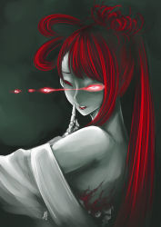 Rule 34 | 1girl, antaria, bai gu jing, bare shoulders, glowing, glowing eye, journey to the west, long hair, one eye closed, red hair, signature, skeleton, solo, wink, traditional youkai