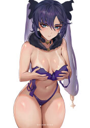 Rule 34 | 1girl, aqua eyes, artist name, asymmetrical bangs, bare shoulders, black choker, bra, breasts, choker, closed mouth, commentary, curvy, fur collar, genshin impact, hair ornament, highleg, highleg panties, highres, holding, holding bra, holding clothes, holding underwear, long hair, looking at viewer, medium breasts, mona (genshin impact), navel, panties, purple bra, purple hair, purple panties, sayanestia, simple background, solo, stomach, tan, tanline, thigh gap, thighs, twintails, underwear, undressing, white background