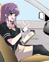 Rule 34 | 1girl, :d, bespectacled, black bow, black jacket, black pantyhose, blue background, bow, bowtie, brown skirt, car interior, car seat, commentary request, feet out of frame, glasses, glove bow, gloves, green eyes, hanamaru, highres, index finger raised, jacket, kanduki kamibukuro, link! like! love live!, long hair, looking at viewer, love live!, official alternate costume, official alternate hairstyle, open mouth, otomune kozue, pantyhose, pencil skirt, pink bow, pink bowtie, puffy short sleeves, puffy sleeves, purple hair, red-framed eyewear, semi-rimless eyewear, shirt, short sleeves, side-view mirror, sidelocks, simple background, sitting, skirt, smile, solo, under-rim eyewear, white gloves, white shirt