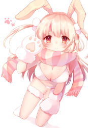 Rule 34 | 1girl, animal ears, animal hands, bikini, blonde hair, blush, breasts, brown eyes, cleavage, embarrassed, enpera, eyebrows, frown, hair ornament, hand on thigh, kneeling, large breasts, navel, original, paw pose, rabbit ears, sakuramocchi, scarf, shadow, shiramori sawa, short twintails, simple background, solo, striped clothes, striped scarf, swimsuit, thick eyebrows, thighs, twintails, white background, white bikini