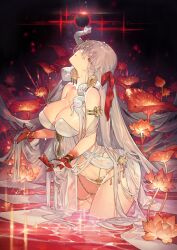 Rule 34 | 1girl, arched back, armlet, bare shoulders, belly chain, body markings, bracelet, breasts, cleavage, collarbone, colored skin, durga (fate), earrings, facial mark, fate/grand order, fate (series), flower, forehead mark, gradient skin, hair ribbon, jewelry, large breasts, long hair, looking at viewer, lotus, multicolored skin, navel, official art, parted lips, pelvic curtain, red eyes, red ribbon, red skin, red sky, revealing clothes, ribbon, ring, sash, sky, snake, starshadowmagician, stomach, thighs, thumb ring, toeless footwear, very long hair, wading, water, white hair, wide hips