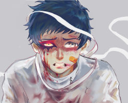 Rule 34 | 10s, 1boy, bandaid, black hair, bleeding, blood, blood on clothes, blood on face, deep wound, grey background, highres, houhou (pixiv4771938), injury, looking at viewer, male focus, mishima yuuki, persona, persona 5, simple background, solo, tears, yellow eyes