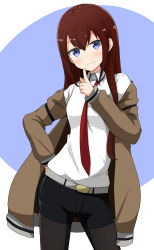 Rule 34 | 1girl, absurdres, aikawa ryou, belt, belt buckle, black pantyhose, black shorts, blue background, blush, breasts, brown hair, brown jacket, buckle, collared shirt, commentary request, grey belt, grin, hair between eyes, head tilt, highres, index finger raised, jacket, pantyhose under shorts, long hair, long sleeves, makise kurisu, necktie, open clothes, open jacket, pantyhose, purple eyes, red necktie, shirt, short shorts, shorts, small breasts, smile, solo, steins;gate, two-tone background, very long hair, white background, white shirt