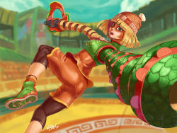 Rule 34 | 1girl, arms (game), beanie, bike shorts, blonde hair, boxing gloves, chinese clothes, dragon, facepaint, food, green eyes, hat, kikino, looking at viewer, mask, min min (arms), nintendo, noodles, open mouth, short hair, shorts, solo