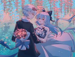 Rule 34 | 1boy, 1girl, ahoge, alternate costume, aqua hair, bare arms, bare shoulders, black bow, black coat, bouquet, bow, chinese commentary, coat, commandant (punishing: gray raven), commentary, couple, dress, dress bow, face-to-face, falling petals, flower, hair bow, hand on another&#039;s arm, highres, holding, holding bouquet, long hair, looking at another, mask, mask on head, original, petals, punishing: gray raven, red eyes, red flower, short hair, sleep mask, sleeveless, sleeveless dress, smile, suyu (yingtao bailandi), sweater, turtleneck, turtleneck sweater, wanshi (punishing: gray raven), white bow, white dress, white flower, white hair, white sweater, yellow eyes, yingtao bailandi