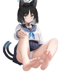 Rule 34 | 1girl, absurdres, animal ear fluff, animal ears, barefoot, black eyes, black hair, black sailor collar, black skirt, blue archive, blue halo, blue neckerchief, blush, cat ears, cat tail, full body, gugu0v0, halo, highres, kikyou (blue archive), long sleeves, looking at viewer, multiple tails, neckerchief, open mouth, panties, pleated skirt, sailor collar, school uniform, serafuku, short hair, simple background, skirt, soles, solo, tail, toes, twitter username, two tails, underwear, white background, white panties