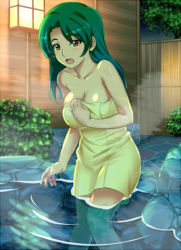 Rule 34 | 1girl, blush, boulder, breasts, bush, cleavage, collarbone, covering privates, female focus, green hair, knees, large breasts, legs, long hair, lowres, naked towel, night, nude, nude cover, onsen, open mouth, orange eyes, plant, potato house, rock, shiny skin, smile, solo, steam, stone, tongue, towel, water, wet, worried, zantei
