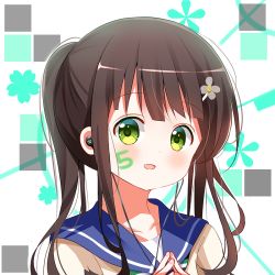 Rule 34 | 1girl, blue sailor collar, blush, body writing, brown hair, brown shirt, commentary request, deyui, drawing on another&#039;s face, earbuds, earphones, fingernails, flower, gochuumon wa usagi desu ka?, green eyes, hair flower, hair ornament, hairclip, long hair, looking at viewer, nail polish, parted lips, pink nails, sailor collar, shirt, smile, solo, steepled fingers, twintails, ujimatsu chiya, upper body, white flower
