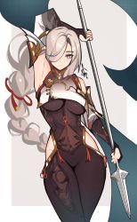 Rule 34 | 1girl, absurdres, armpits, asymmetrical bangs, bodystocking, bodysuit, braid, breast curtain, breasts, cameltoe, commentary, detached sleeves, distr, genshin impact, hair over one eye, highres, large breasts, long hair, parted bangs, polearm, shenhe (genshin impact), silver hair, solo, spear, underboob, very long hair, weapon