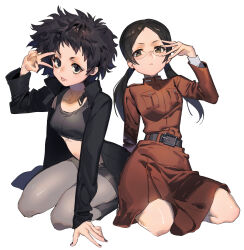 2girls :p absurdres advance_wars afro arm_support black_eyes black_hair black_nails boots breasts coat collarbone crop_top dress flat_chest forehead glasses highres knee_boots knees lash_(advance_wars) long_hair long_sleeves looking_at_viewer military_uniform multiple_girls nail_polish navel pants pantyhose pantyhose_under_shorts seiza short_eyebrows short_hair shorts simple_background sitting small_breasts sonja_(advance_wars) stomach tanakalma tongue tongue_out turtleneck twintails v wariza white_background