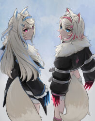 Rule 34 | 2girls, alohamikan, animal ear fluff, animal ears, black jacket, blonde hair, blue eyes, blue hair, cropped jacket, dog ears, dog girl, dog tail, fur-trimmed jacket, fur trim, fuwawa abyssgard, fuwawa abyssgard (1st costume), hair ornament, hairpin, highres, hololive, hololive english, jacket, long hair, looking at viewer, looking back, medium hair, mococo abyssgard, mococo abyssgard (1st costume), multicolored hair, multiple girls, pink eyes, pink hair, short shorts, shorts, siblings, sisters, skirt, skirt set, streaked hair, tail, twins, virtual youtuber, white shorts, white skirt, x hair ornament