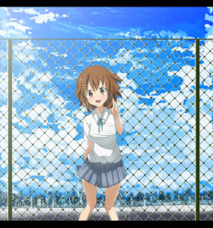 Rule 34 | 00s, 1girl, :o, bad id, bad pixiv id, blush, bob cut, brown eyes, brown hair, chain-link fence, cloud, day, fence, hair ornament, hairclip, hirasawa yui, k-on!, letterboxed, miniskirt, open mouth, pleated skirt, ribbon, ryouma (galley), school uniform, short hair, sidelocks, skirt, sky, solo, standing, v