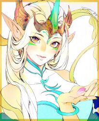 Rule 34 | 1girl, alternate costume, bare shoulders, border, bracelet, breasts, closed mouth, detached sleeves, earrings, facial mark, fingernails, forehead mark, green horns, green nails, hair ornament, highres, horns, immortal journey soraka, jewelry, jian tai (cuoyu0), large breasts, league of legends, light blush, long hair, looking at viewer, multicolored eyes, nail polish, official alternate costume, orange border, parted bangs, petals, pink lips, pointy ears, signature, simple background, single horn, smile, solo, soraka (league of legends), upper body, white background, white hair